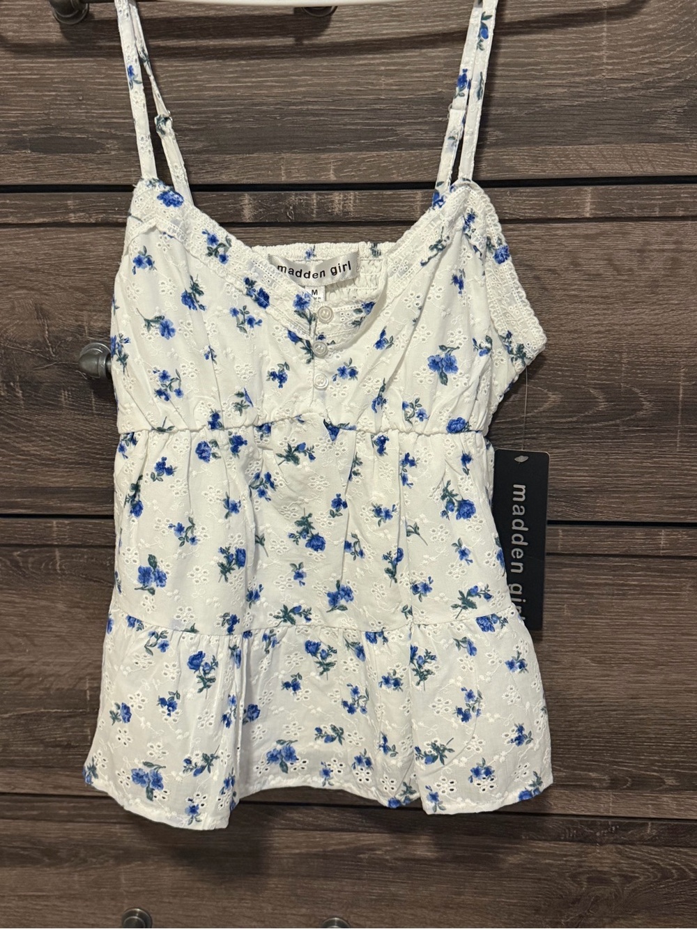 Madden Girl White Eyelet Camisole with Blue Floral Print